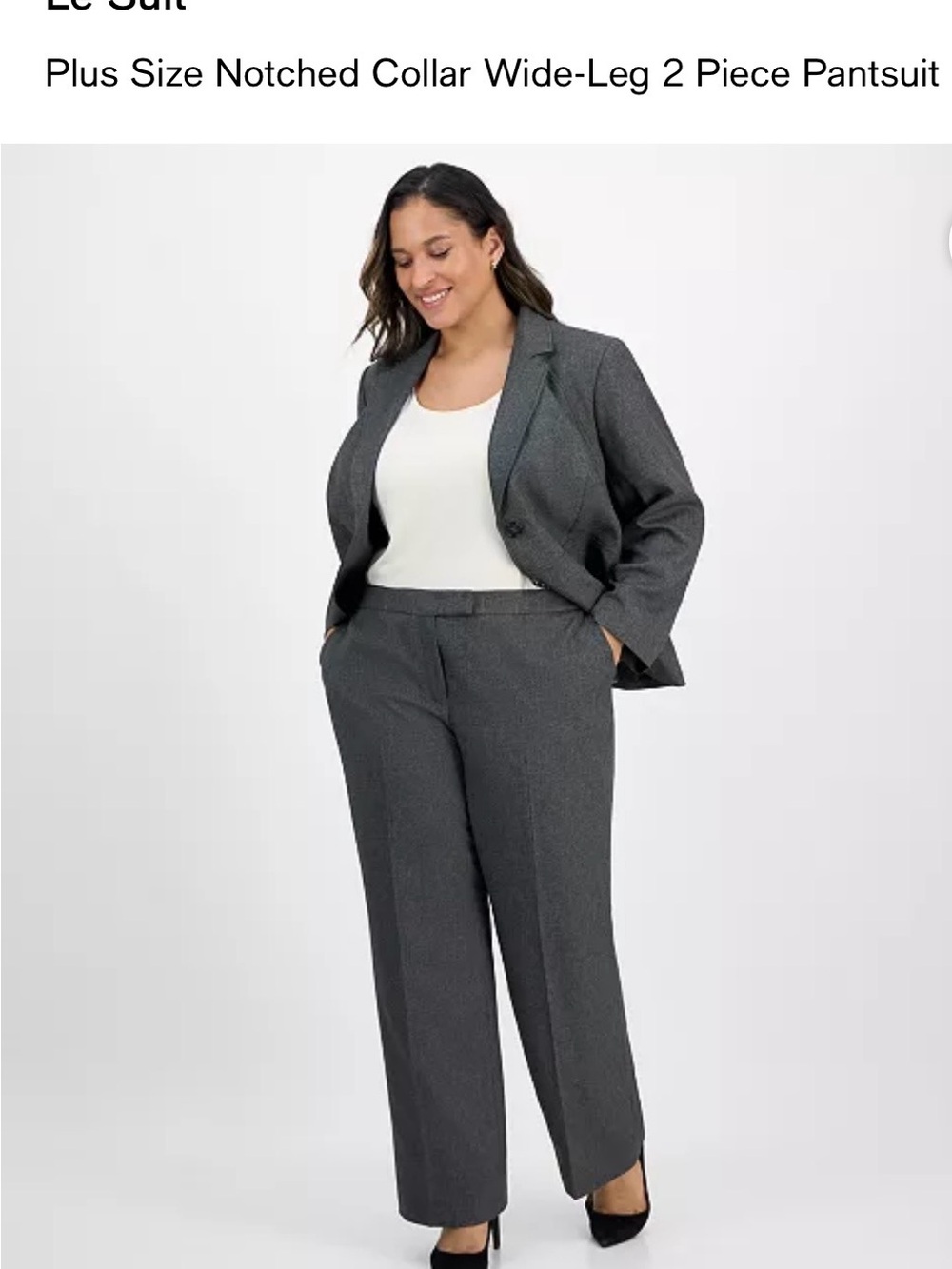 Le Suit Charcoal Gray Plus-Size Notched Collar Wide-Leg Pantsuit